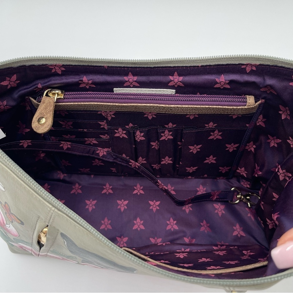 Anuschka Garden Panther Hand-Painted Leather Hobo Purse Dual Zip New - Picture 4 of 13